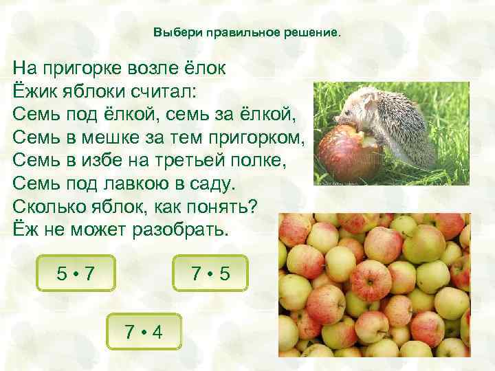 Выбери правильное решение. На пригорке возле ёлок Ёжик яблоки считал: Семь под ёлкой, семь