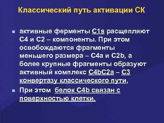 Классический путь активации СК n n активные ферменты С 1 s расщепляют С 4