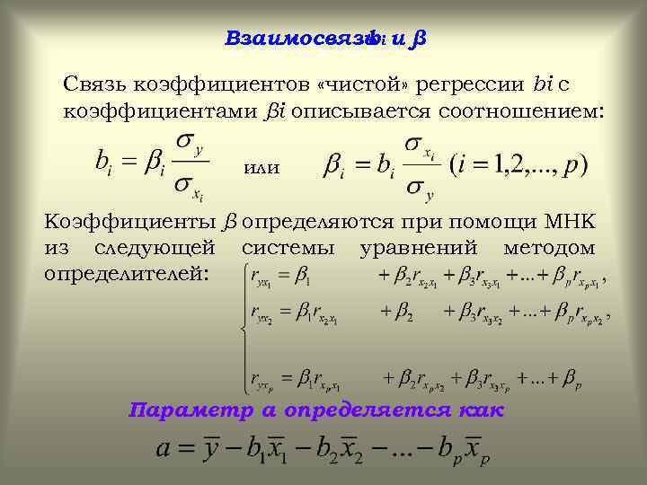 Взаимосвязь i и β b Связь коэффициентов «чистой» регрессии bi с коэффициентами βi описывается