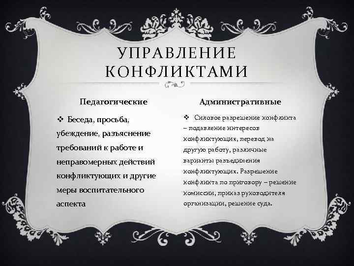 УПРАВЛЕНИЕ КОНФЛИКТАМИ Педагогические v Беседа, просьба, убеждение, разъяснение требований к работе и неправомерных действий
