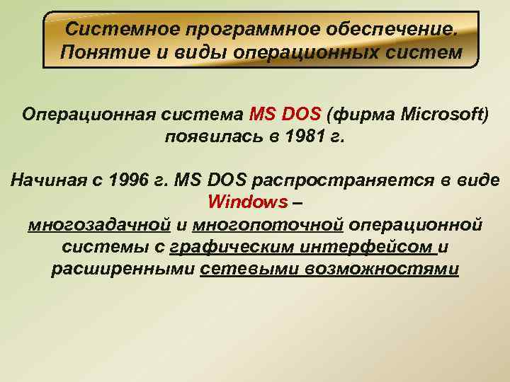 Системное программное обеспечение. Понятие и виды операционных систем Операционная система MS DOS (фирма Microsoft)