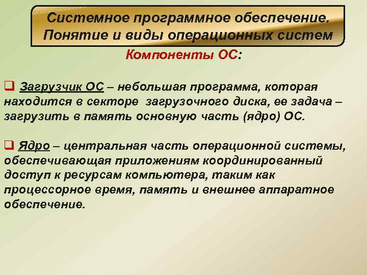 Системное программное обеспечение. Понятие и виды операционных систем Компоненты ОС: q Загрузчик ОС –