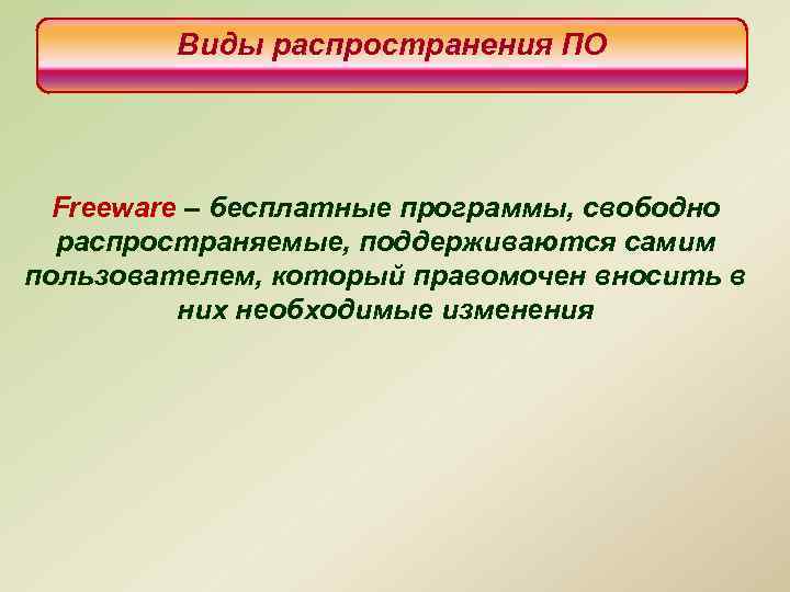 Виды распространения ПО Freeware – бесплатные программы, свободно распространяемые, поддерживаются самим пользователем, который правомочен