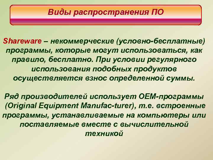 Виды распространения ПО Shareware – некоммерческие (условно бесплатные) программы, которые могут использоваться, как правило,