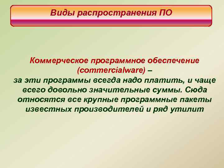 Виды распространения ПО Коммерческое программное обеспечение (commercialware) – за эти программы всегда надо платить,