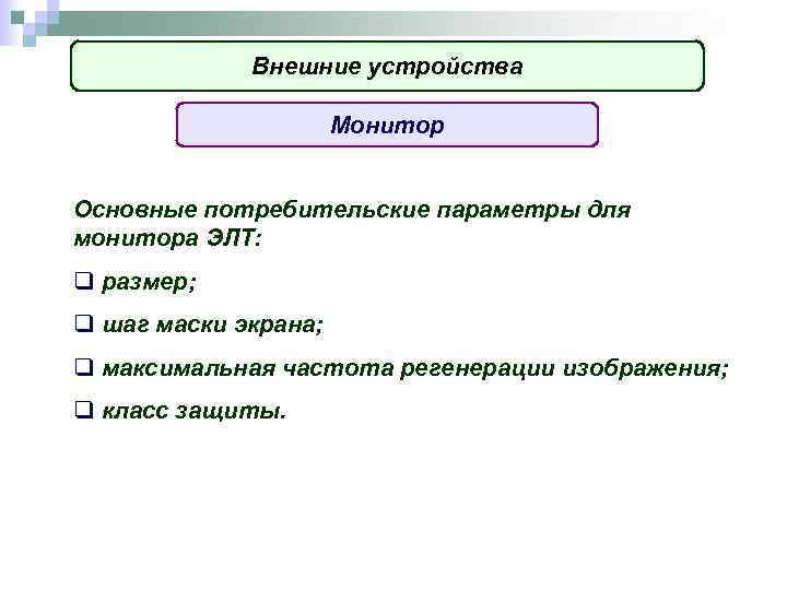 Внешние устройства Монитор Основные потребительские параметры для монитора ЭЛТ: q размер; q шаг маски