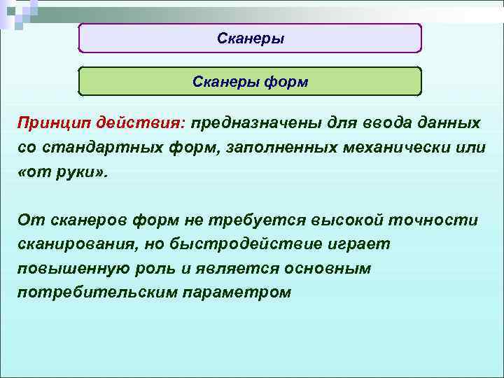 Сканеры форм Принцип действия: предназначены для ввода данных со стандартных форм, заполненных механически или