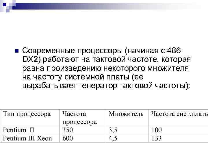 n Современные процессоры (начиная с 486 DX 2) работают на тактовой частоте, которая равна