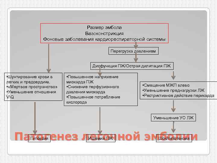 Размер эмбола Вазоконстрикция Фоновые заболевания кардиореспираторной системы Перегрузка давлением Дисфункция ПЖ/Острая дилятация ПЖ •