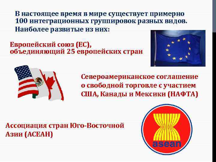 В настоящее время в мире существует примерно 100 интеграционных группировок разных видов. Наиболее развитые