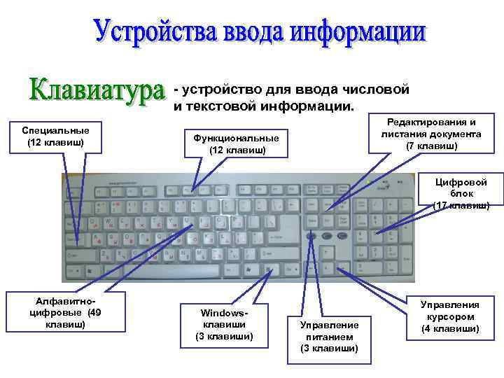 - устройство для ввода числовой и текстовой информации. Специальные (12 клавиш) Редактирования и листания