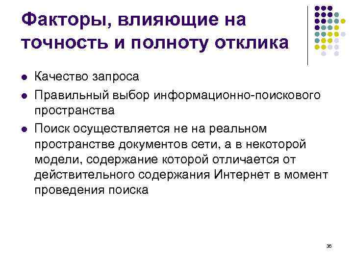 Факторы, влияющие на точность и полноту отклика l l l Качество запроса Правильный выбор