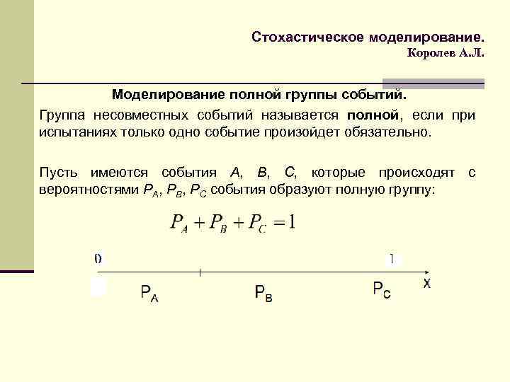 Стохастическое моделирование. Королев А. Л. Моделирование полной группы событий. Группа несовместных событий называется полной,