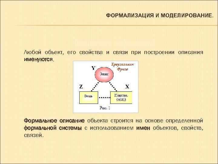 ФОРМАЛИЗАЦИЯ И МОДЕЛИРОВАНИЕ. Главный тезис формализации: Любой объект, его свойства и связи при построении