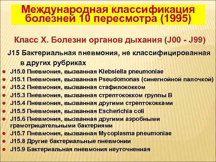 Международная классификация болезней 10 пересмотра (1995) Класс X. Болезни органов дыхания (J 00 -