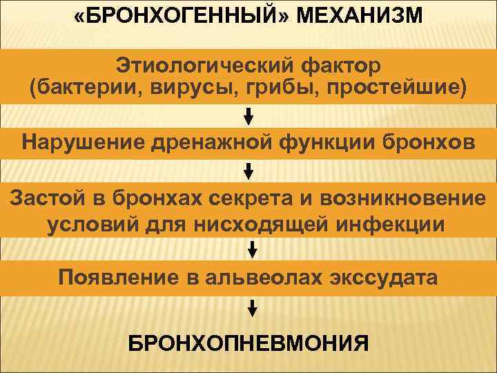  «БРОНХОГЕННЫЙ» МЕХАНИЗМ Этиологический фактор (бактерии, вирусы, грибы, простейшие) Нарушение дренажной функции бронхов Застой