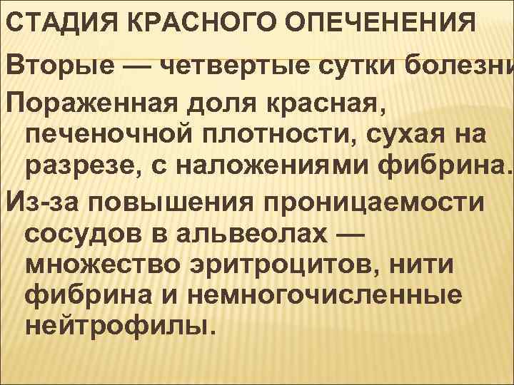 СТАДИЯ КРАСНОГО ОПЕЧЕНЕНИЯ Вторые — четвертые сутки болезни Пораженная доля красная, печеночной плотности, сухая
