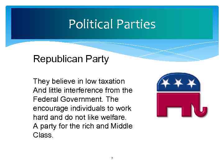 Political Parties Republican Party They believe in low taxation And little interference from the