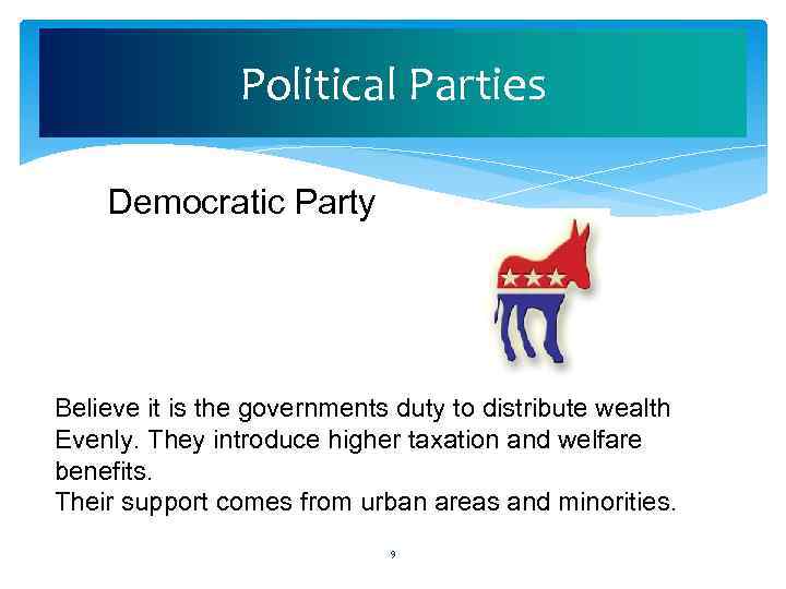 Political Parties Democratic Party Believe it is the governments duty to distribute wealth Evenly.