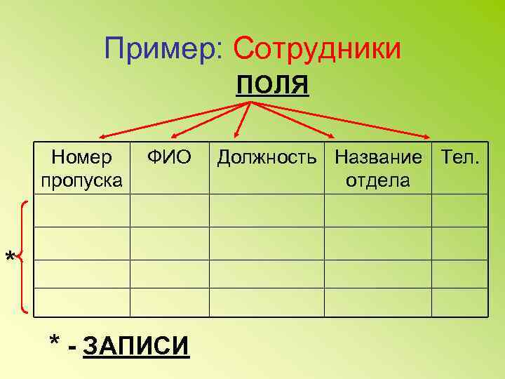Пример: Сотрудники ПОЛЯ Номер пропуска ФИО * * - ЗАПИСИ Должность Название Тел. отдела