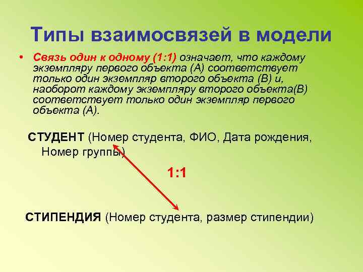 Типы взаимосвязей в модели • Связь один к одному (1: 1) означает, что каждому
