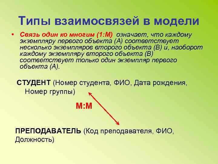 Типы взаимосвязей в модели • Связь один ко многим (1: М) означает, что каждому
