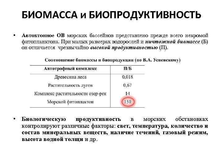 БИОМАССА и БИОПРОДУКТИВНОСТЬ • Автохтонное ОВ морских бассейнов представлено прежде всего некромой фитопланктона. При