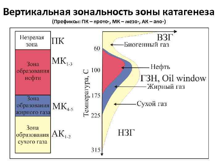 Катагенез Вертикальная зональность зоны катагенеза (Префиксы: ПК – прото-, МК – мезо-, АК –