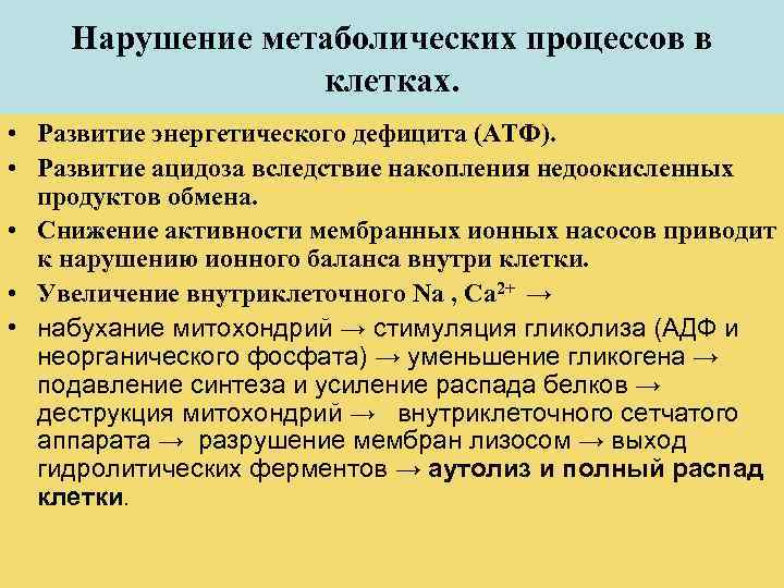 Нарушение метаболических процессов в клетках. • Развитие энергетического дефицита (АТФ). • Развитие ацидоза вследствие