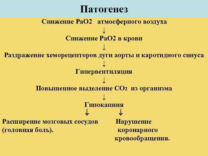 Патогенез Снижение Ра. О 2 атмосферного воздуха ↓ Снижение Ра. О 2 в крови