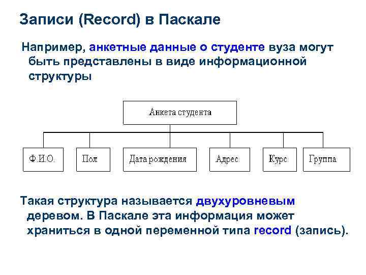 Записи (Record) в Паскале Например, анкетные данные о студенте вуза могут быть представлены в