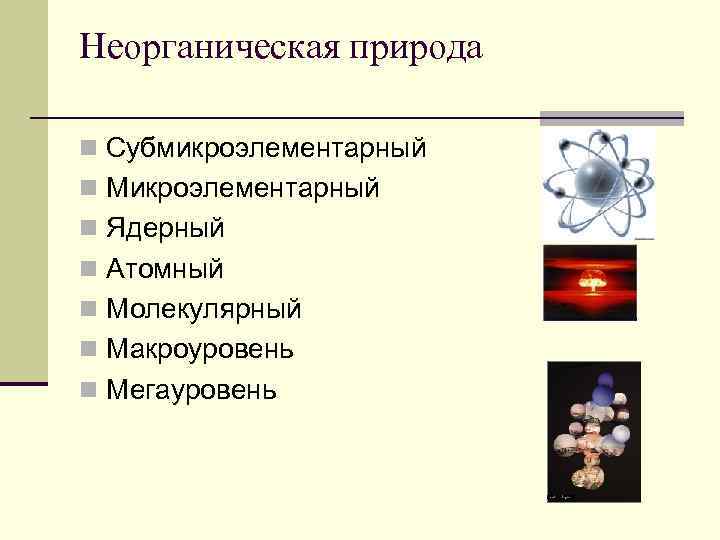Неорганическая природа n Субмикроэлементарный n Микроэлементарный n Ядерный n Атомный n Молекулярный n Макроуровень