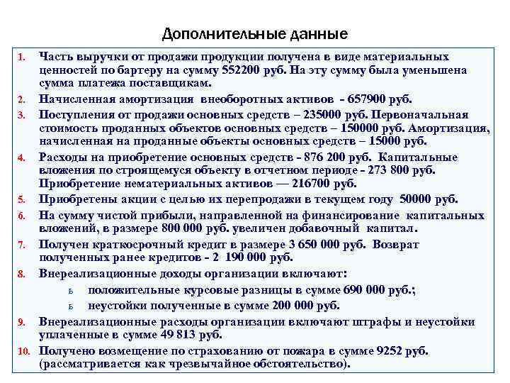 Дополнительные данные Часть выручки от продажи продукции получена в виде материальных ценностей по бартеру