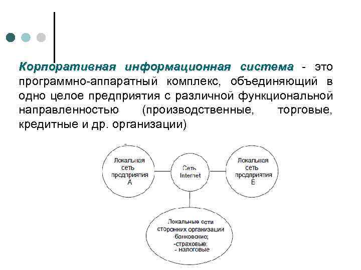 Корпоративная информационная система - это программно-аппаратный комплекс, объединяющий в одно целое предприятия с различной