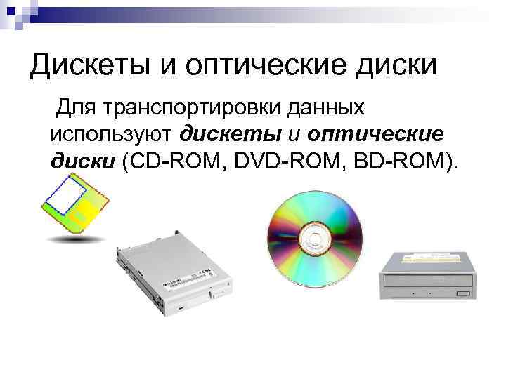 Дискеты и оптические диски Для транспортировки данных используют дискеты и оптические диски (CD-ROM, DVD-ROM,