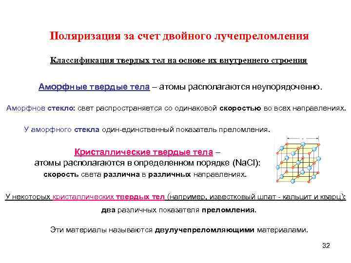 Поляризация за счет двойного лучепреломления Классификация твердых тел на основе их внутреннего строения Аморфные