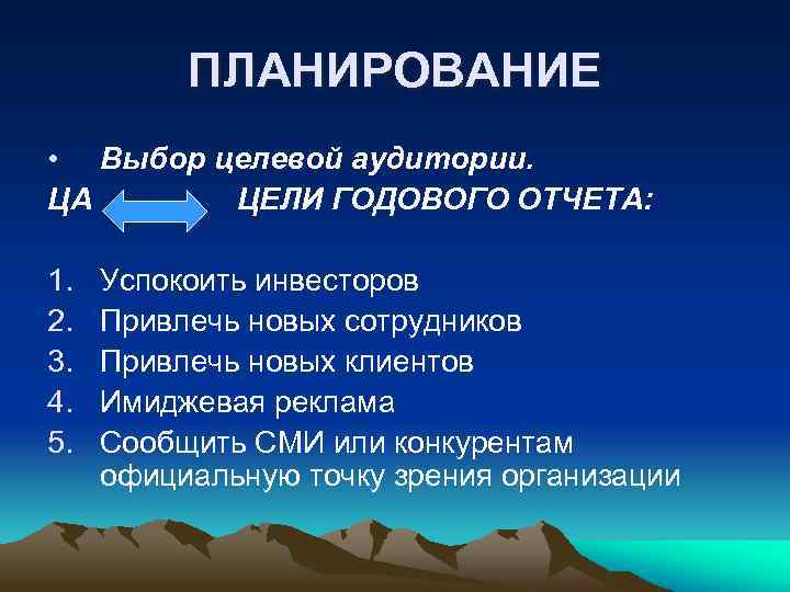 ПЛАНИРОВАНИЕ • Выбор целевой аудитории. ЦА ЦЕЛИ ГОДОВОГО ОТЧЕТА: 1. 2. 3. 4. 5.