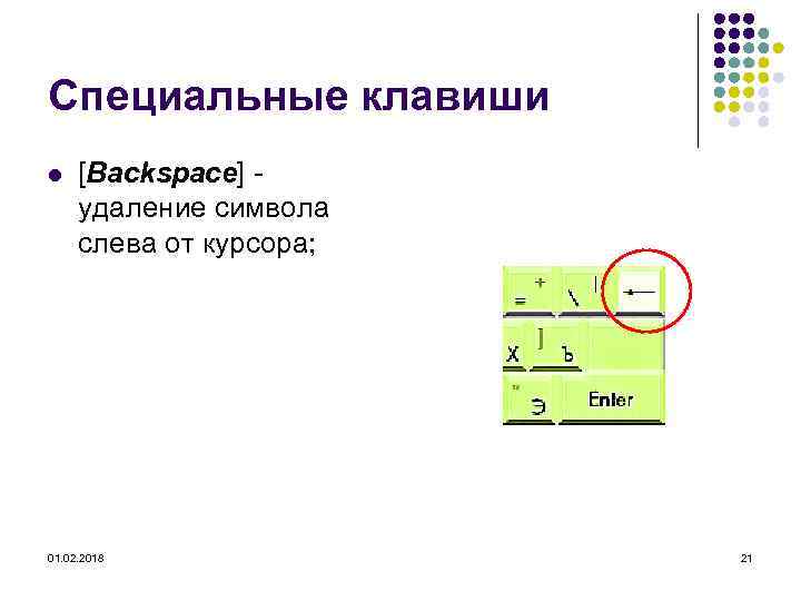 Специальные клавиши l [Backspace] удаление символа слева от курсора; 01. 02. 2018 21 