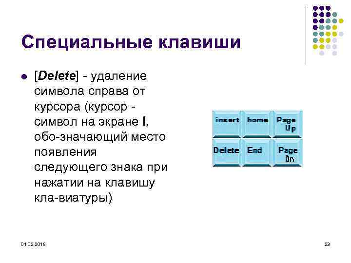 Специальные клавиши l [Delete] удаление символа справа от курсора (курсор символ на экране I,