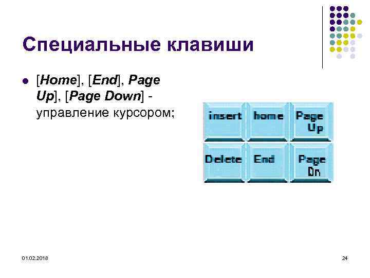 Специальные клавиши l [Home], [End], Page Up], [Page Down] управление курсором; 01. 02. 2018