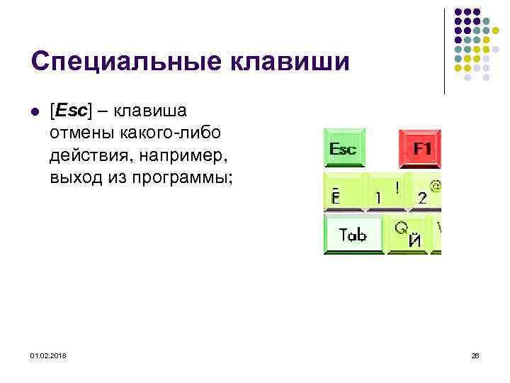 Специальные клавиши l [Esc] – клавиша отмены какого либо действия, например, выход из программы;