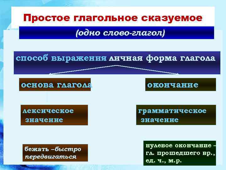 Простое глагольное сказуемое (одно слово-глагол) способ выражения личная форма глагола основа глагола лексическое значение