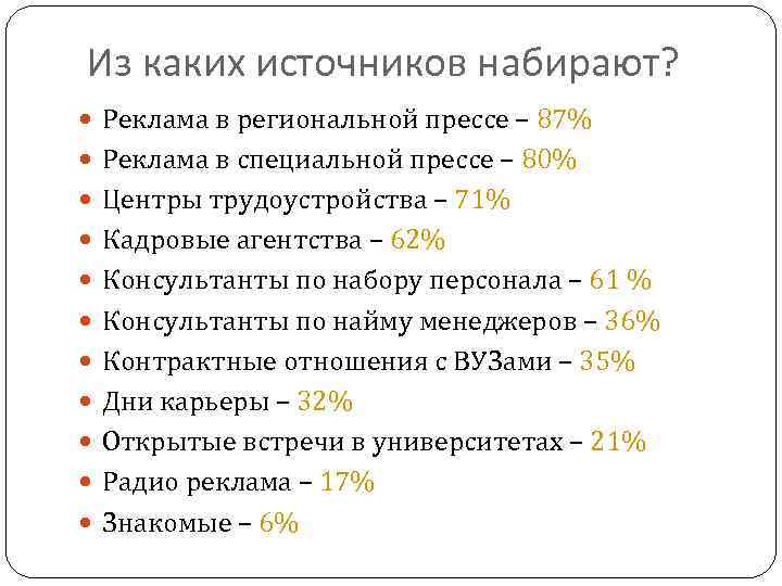 Из каких источников набирают? Реклама в региональной прессе – 87% Реклама в специальной прессе