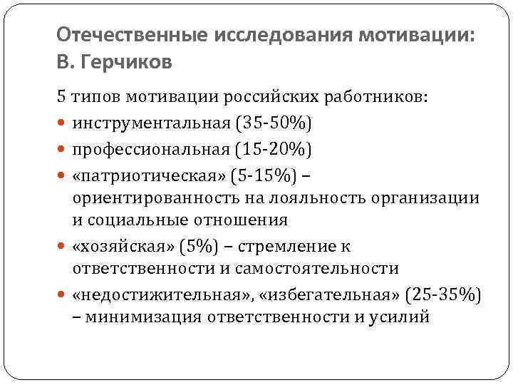 Отечественные исследования мотивации: В. Герчиков 5 типов мотивации российских работников: инструментальная (35 -50%) профессиональная