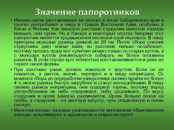Значение папоротников • Именно орляк заготавливают на экспорт в лесах Хабаровского края и охотно