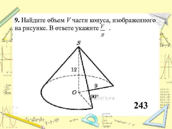 Найдите объем v части конуса изображенной на рисунке в ответе укажите v л