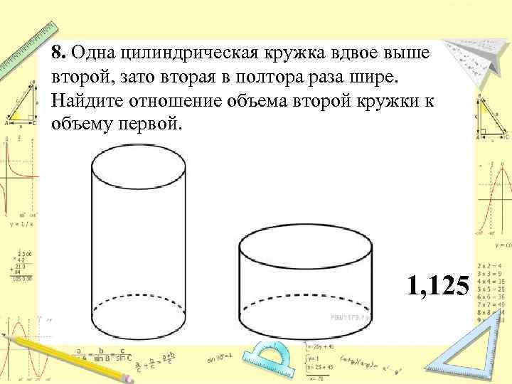 8. Одна цилиндрическая кружка вдвое выше второй, зато вторая в полтора раза шире. Найдите