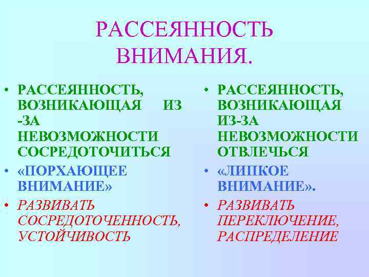 РАССЕЯННОСТЬ ВНИМАНИЯ. • РАССЕЯННОСТЬ, ВОЗНИКАЮЩАЯ ИЗ -ЗА НЕВОЗМОЖНОСТИ СОСРЕДОТОЧИТЬСЯ • «ПОРХАЮЩЕЕ ВНИМАНИЕ» • РАЗВИВАТЬ