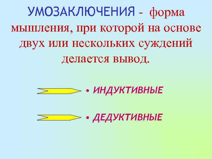УМОЗАКЛЮЧЕНИЯ - форма мышления, при которой на основе двух или нескольких суждений делается вывод.