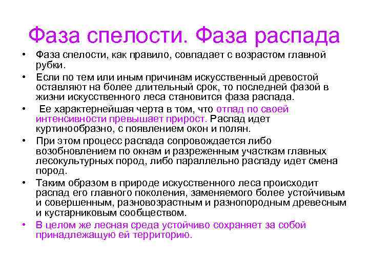 Фаза спелости. Фаза распада • Фаза спелости, как правило, совпадает с возрастом главной рубки.